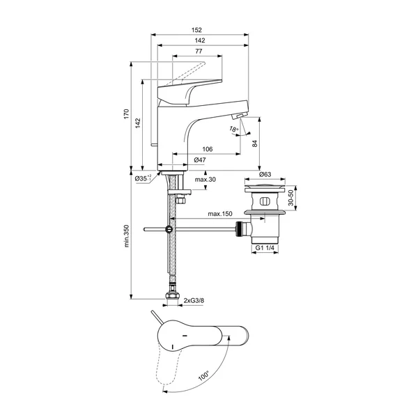 Baterie lavoar Ideal Standard Cerabase H80 BlueStart crom lucios cu ventil Pop-Up metalic [3]