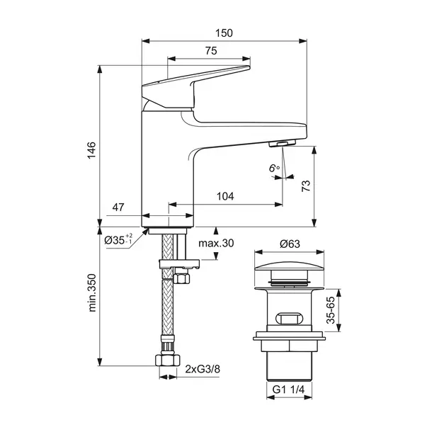 Baterie lavoar Ideal Standard Ceraplan H75 cu ventil Click-Clack crom lucios [7]