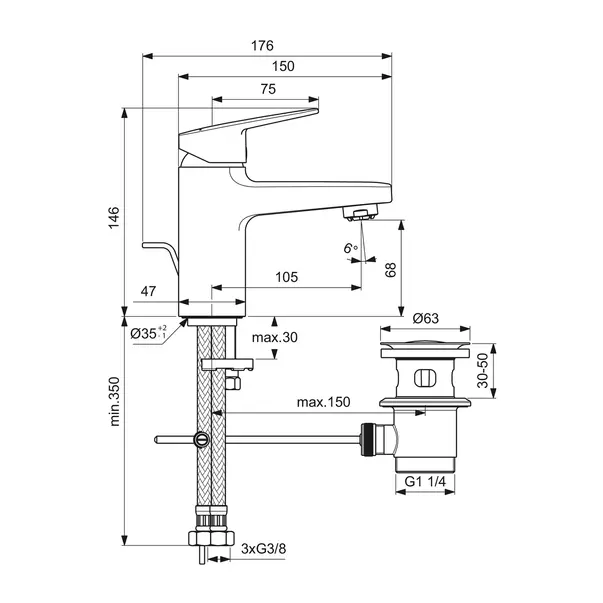 Baterie lavoar Ideal Standard Ceraplan H75 crom lucios pentru presiune scazuta [6]