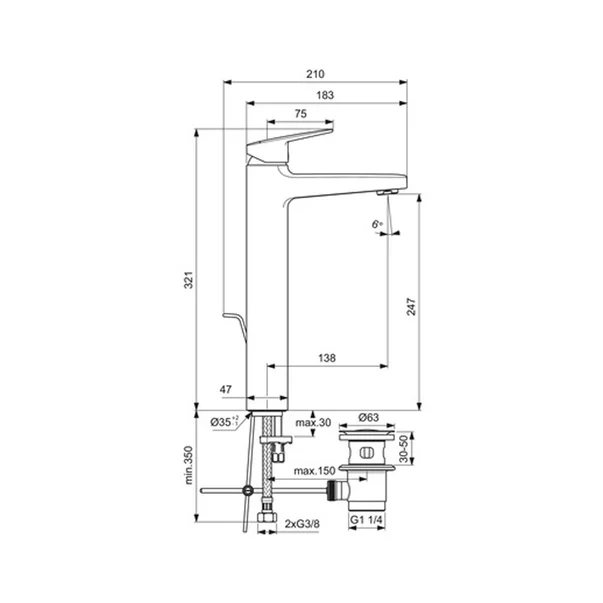 Baterie lavoar inalta Ideal Standard Ceraplan 250 negru mat cu ventil Pop-Up metalic [3]