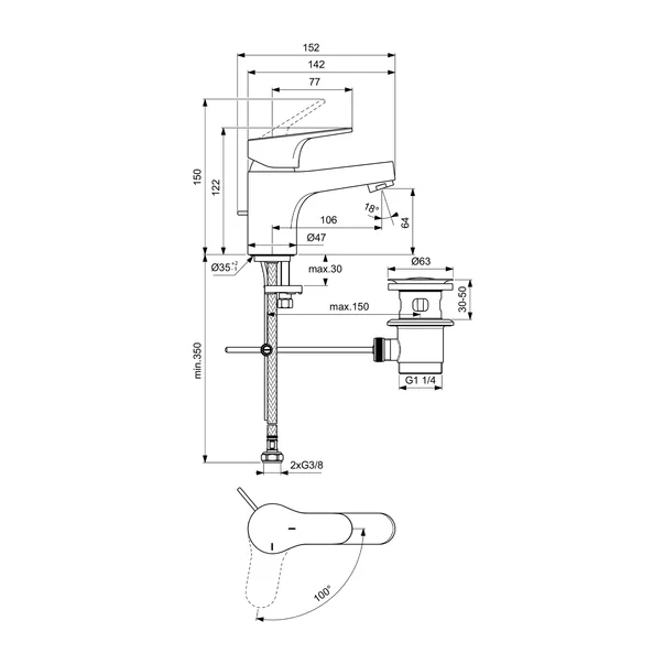Baterie lavoar Ideal Standard Cerabase H60 BlueStart crom lucios cu ventil Pop-Up metalic [3]