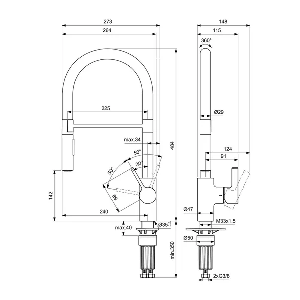 Baterie bucatarie cu pipa flexibila semi-profesionala Ideal Standard Gusto 142 auriu - negru [3]