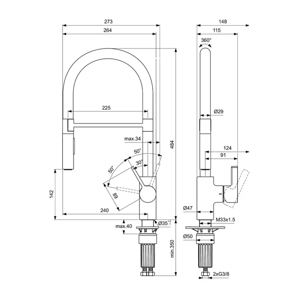 Baterie bucatarie cu pipa flexibila semi-profesionala Ideal Standard Gusto 142 crom - negru [3]