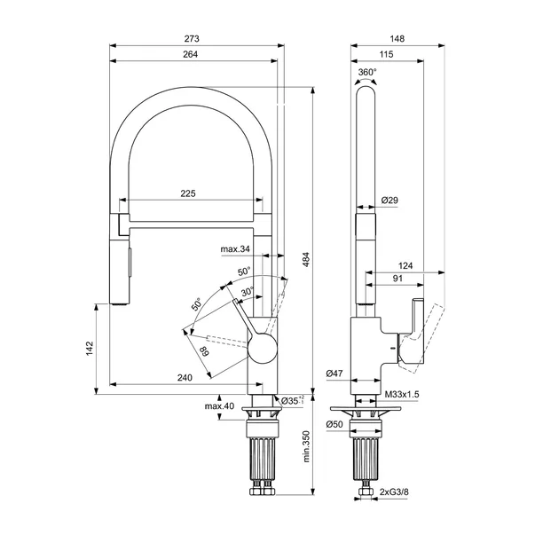 Baterie bucatarie cu pipa flexibila semi-profesionala Ideal Standard Gusto 142 argintiu - negru [3]