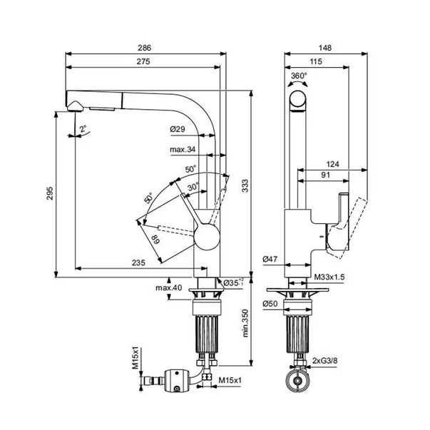 Baterie bucatarie cu dus extactibil Ideal Standard Gusto 295 auriu periat 2 tipuri de jet [3]