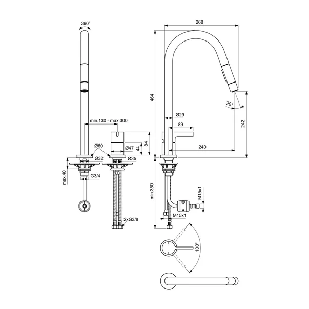 Baterie bucatarie cu dus extactibil Ideal Standard Gusto 242 auriu periat 2 tipuri de jet [3]