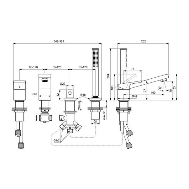 Baterie cada - dus Ideal Standard Atelier Extra crom lucios cu 4 elemente [6]