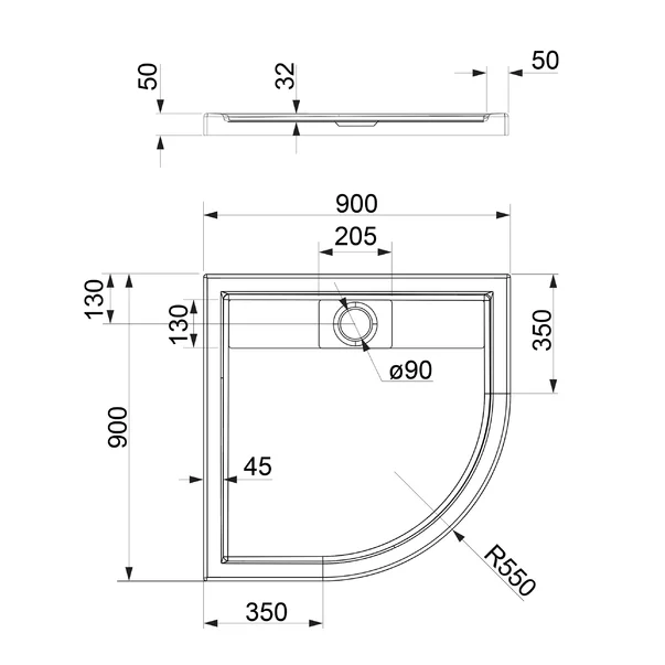 Cadita dus semirotunda  Omnires Brooklyn alb  90x90 cm [2]