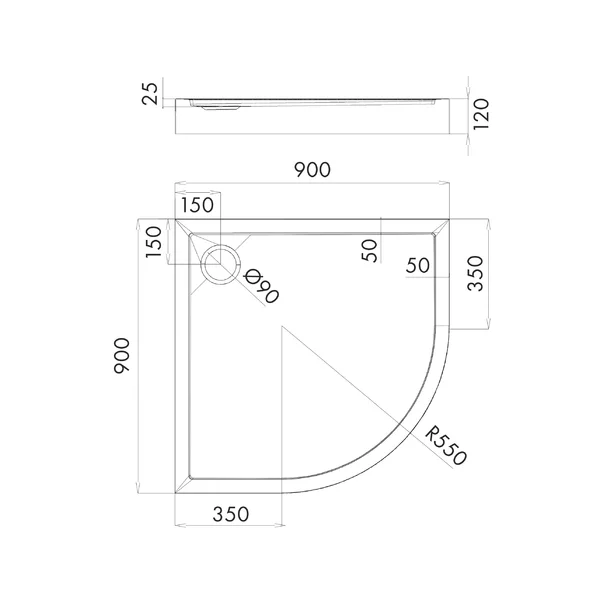 Cadita dus semirotunda  Omnires Camden alb  90x90 cm [3]