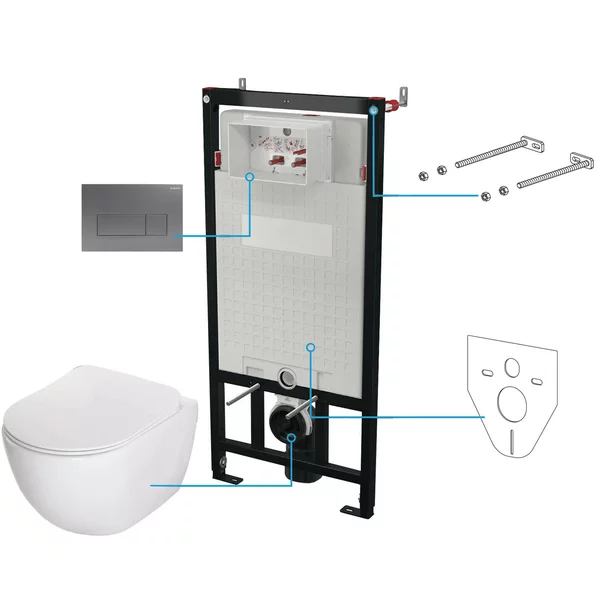 Set vas wc suspendat cu capac Deante Peonia rimless, rezervor incastrat si clapeta actionare titan [1]
