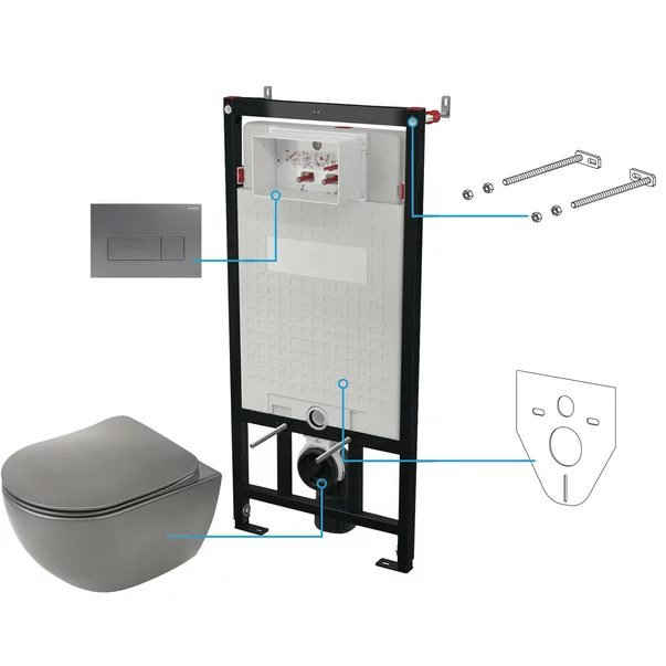 Obiecte Sanitare - Set vas wc suspendat cu capac Deante Peonia rimless, rezervor incastrat si clapeta actionare antracit