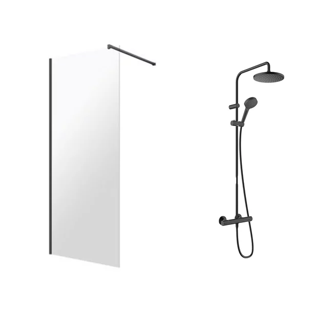 Cabine dus - Pachet paravan dus Walk-In Omnires Marina negru 100x200 cm si coloana de dus Hansgrohe Vernis Blend negru
