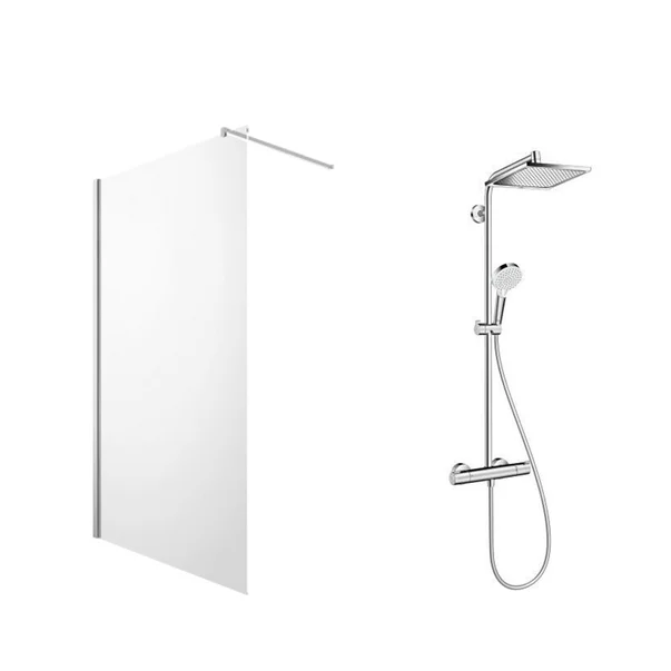 Cabine dus - Pachet paravan dus Walk-In Omnires Marina crom 100x200 cm si coloana de dus Hansgrohe crometta crom
