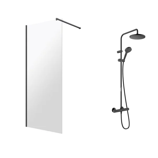 Cabine dus - Pachet paravan dus Walk-In Omnires Marina negru 110x200 cm si coloana de dus Hansgrohe Vernis Blend negru