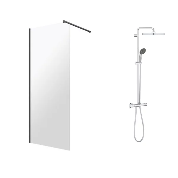 Cabine dus - Pachet paravan dus Walk-In Omnires Marina crom 110x200 cm si coloana de dus cu baterie termostatata Grohe Vitalio Start Cube 250 crom lucios