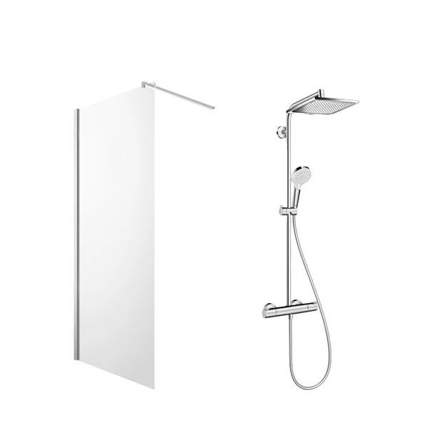 Cabine dus - Pachet paravan dus Walk-In Omnires Marina crom 110x200 cm si coloana de dus Hansgrohe Crometta crom