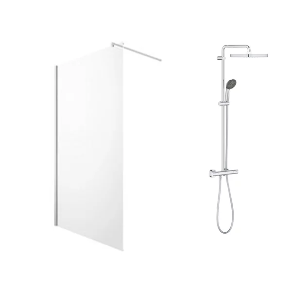 Cabine dus - Pachet paravan dus Walk-In Omnires Marina crom 90x200 cm si coloana de dus cu baterie termostatata Grohe Vitalio Start Cube 250 crom lucios