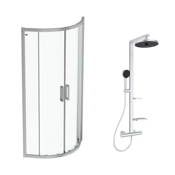 Cabine de dus semirotunde - Pachet cabina de dus Ideal Standard Connect 2 crom 80x80 cm si coloana de dus Ideal Standard Alu+ argintiu