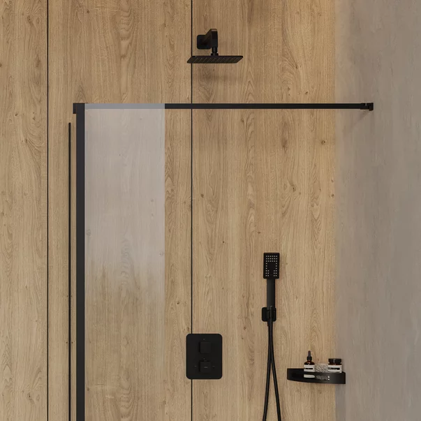 Paravan de dus tip Walk-in cu perete lateral Omnires Marina negru mat/transparent 90 cm [3]