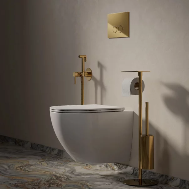 Suport hartie freestanding Omnires Modern Project cu spatiu pentru perie si raft finisaj auriu lucios [2]