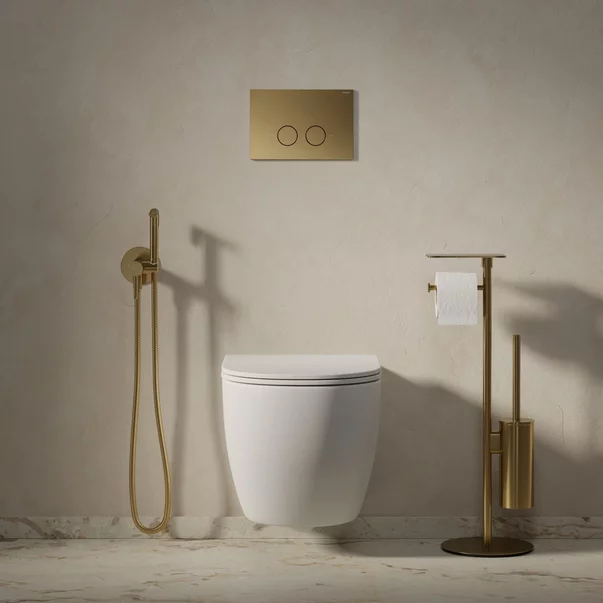 Suport hartie freestanding Omnires Modern Project cu spatiu pentru perie si raft finisaj auriu periat [1]