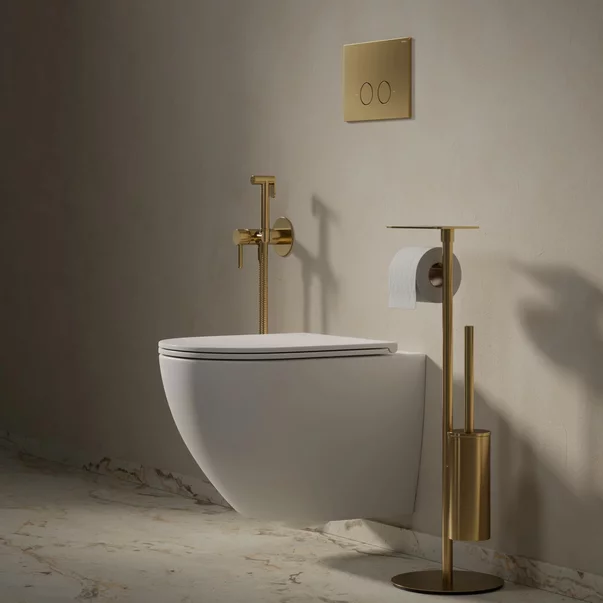 Suport hartie freestanding Omnires Modern Project cu spatiu pentru perie si raft finisaj auriu periat [2]