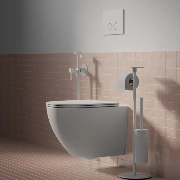 Suport hartie freestanding Omnires Modern Project cu spatiu pentru perie si raft finisaj alb mat [2]