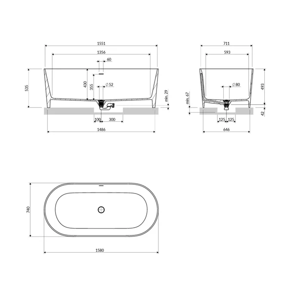 Cada freestanding Omnires Ovo M+ compozit gri mat cenusa 160x75 cm [3]