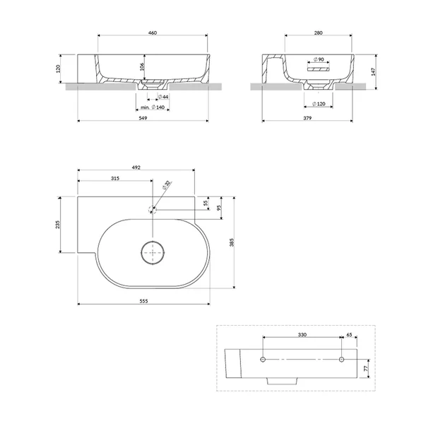 Lavoar suspendat Omnires Ovo M+ finisaj negru lava mat 55.5 cm stanga [5]