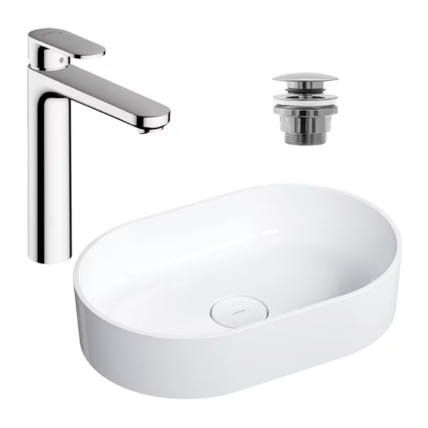 Obiecte Sanitare - Pachet lavoar pe blat Omnires Ovo M+ alb 55 cm, baterie lavoar Hansgrohe Vernis Blend crom si ventil lavoar Click-Clack crom