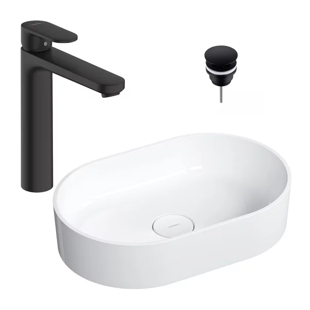 Obiecte Sanitare - Pachet lavoar pe blat Omnires Ovo M+ alb 55 cm, baterie lavoar Hansgrohe Vernis Blend negru si ventil lavoar Click-Clack D negru