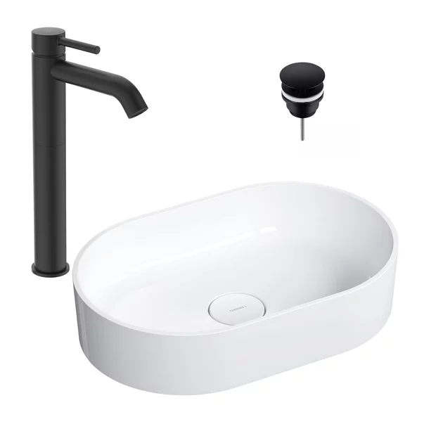 Obiecte Sanitare - Pachet lavoar pe blat Omnires Ovo M+ alb 55 cm, baterie lavoar Ideal Standard Ceraline negru si ventil lavoar Click-Clack negru