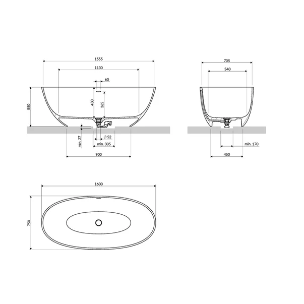 Cada freestanding compozit Omnires Shell M+ finisaj alb lucios 160x75 cm [3]