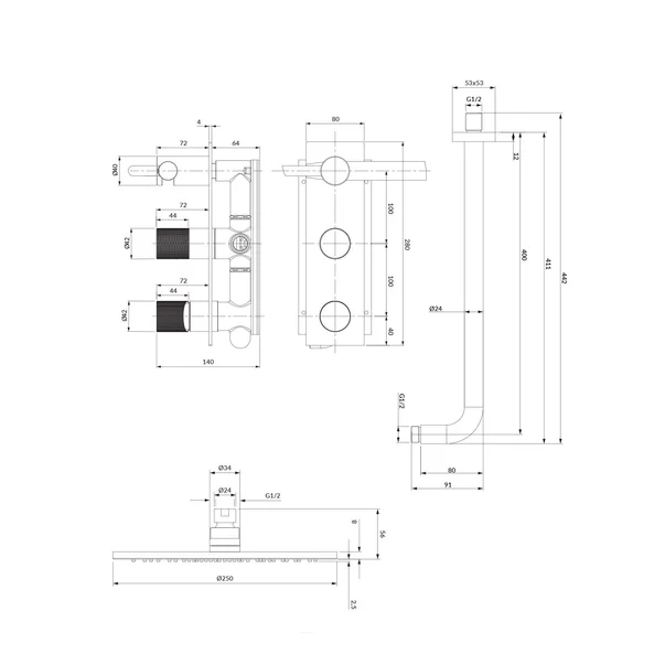 Sistem de dus incastrat cu baterie monocomanda Omnires Contour antracit periat si para cu 1 functie [2]