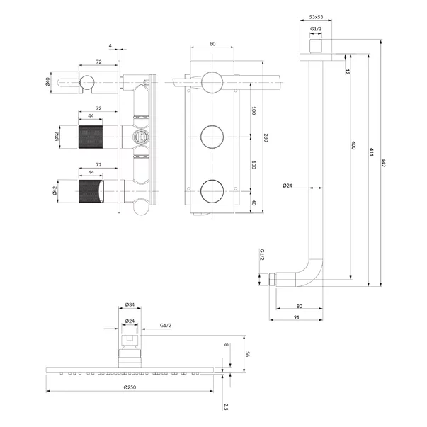 Sistem de dus incastrat cu baterie monocomanda Omnires Contour si para cu 1 functie [2]