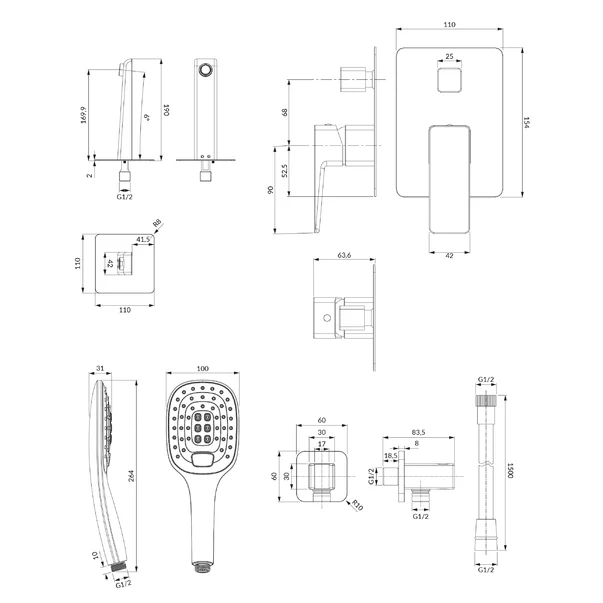 Baterie cada - dus incastrata Omnires Parma  cu corp ingropat si set de dus [2]