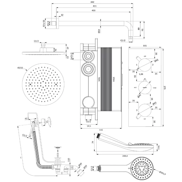 Sistem de dus incastrat cu baterie monocomanda Omnires Y si para cu 5 functii [2]