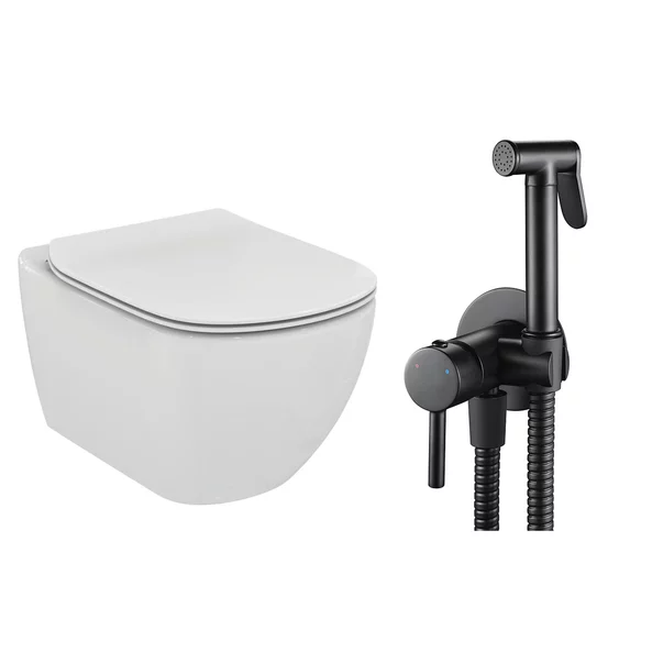 Vase wc suspendate - Pachet vas wc suspendat Ideal Standard Tesi, capac softclose si set dus igiena intima negru cu baterie incastrata Rea Loop