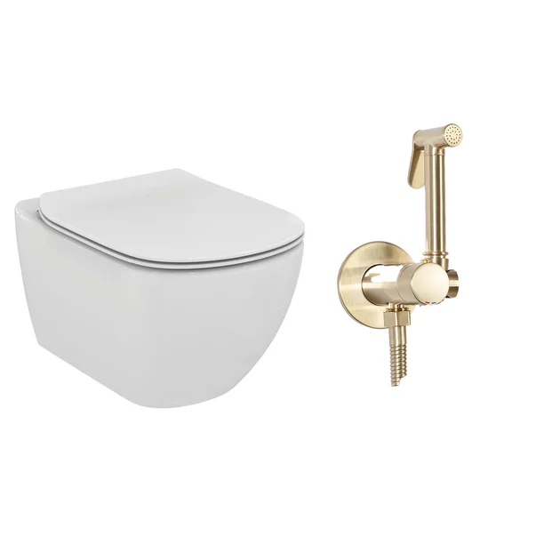 Vase wc suspendate - Pachet vas wc suspendat Ideal Standard Tesi, capac softclose si set dus igiena intima auriu cu baterie incastrata Rea Loop