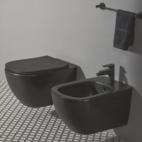 Vase wc statative - Set vas wc cu capac softclose si bideu suspendat Ideal Standard Tesi Aquablade negru mat Silk Black