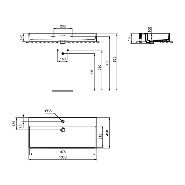 Lavoar suspendat Ideal Standard Atelier Extra alb lucios cu orificiu baterie si preaplin 100 cm [10]