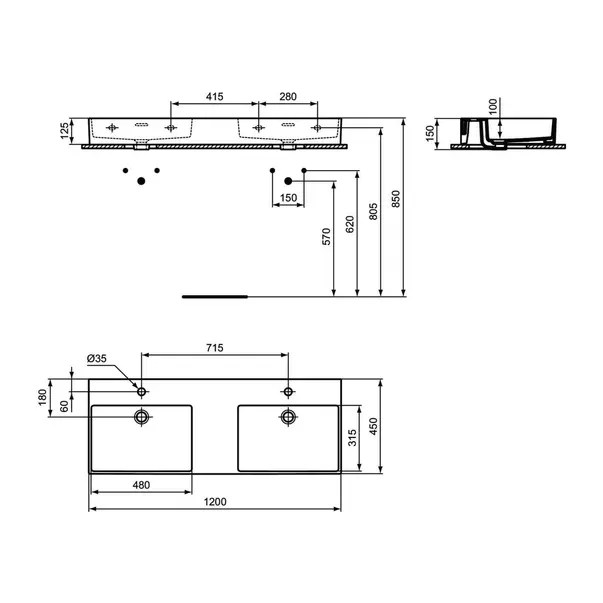 Lavoar suspendat Ideal Standard Atelier Extra alb lucios cu orificii baterie si preaplin 120 cm [10]