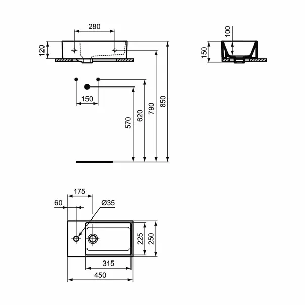 Lavoar suspendat Ideal Standard Atelier Extra 45 cm alb lucios cu orificiu baterie si preaplin stanga [7]