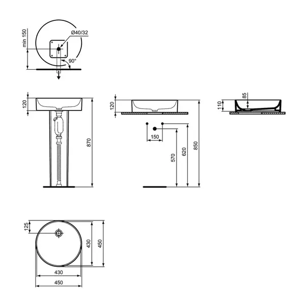 Piedestal pentru lavoar rotund Ideal Standard Atelier Conca alb mat [9]