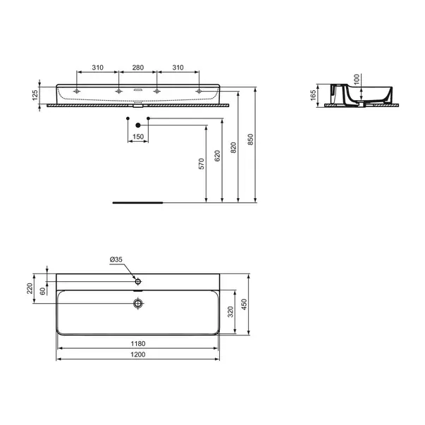 Lavoar suspendat Ideal Standard Atelier Conca 120 cm alb mat cu orificiu baterie si preaplin [12]