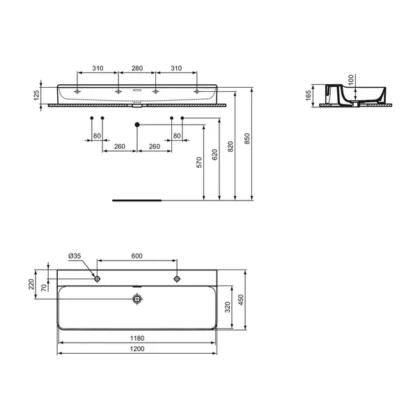 Lavoar suspendat Ideal Standard Atelier Conca 120 cm alb lucios cu 2 orificii baterie si preaplin [12]