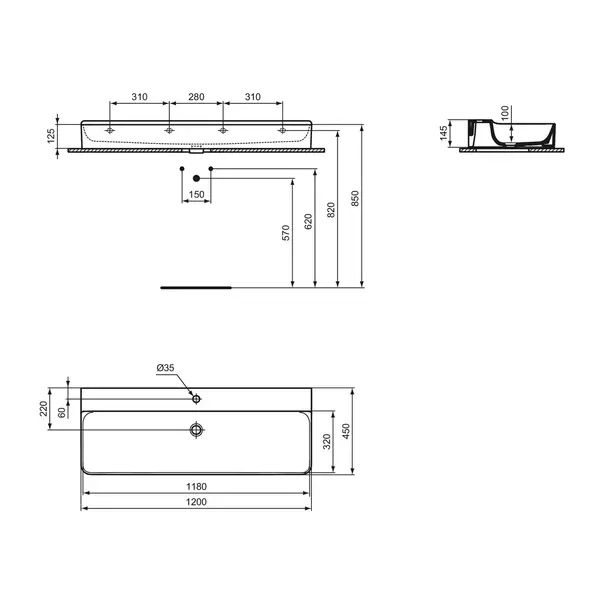 Lavoar suspendat Ideal Standard Atelier Conca 120 cm alb lucios cu orificiu baterie [12]