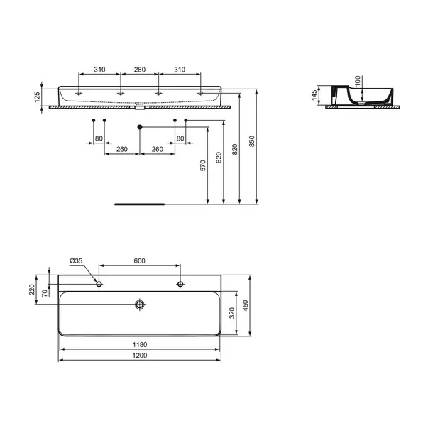 Lavoar suspendat Ideal Standard Atelier Conca 120 cm alb lucios cu 2 orificii baterie [12]