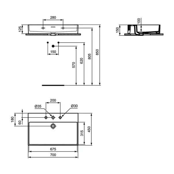 Lavoar suspendat Ideal Standard Atelier Extra cu 3 orificii baterie si preaplin alb lucios 70 cm [12]
