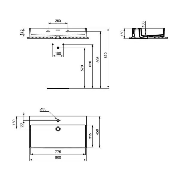 Lavoar suspendat Ideal Standard Atelier Extra alb lucios cu orificiu baterie si preaplin 80 cm [11]